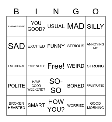 2 Hon Feelings/Greetings Bingo Card