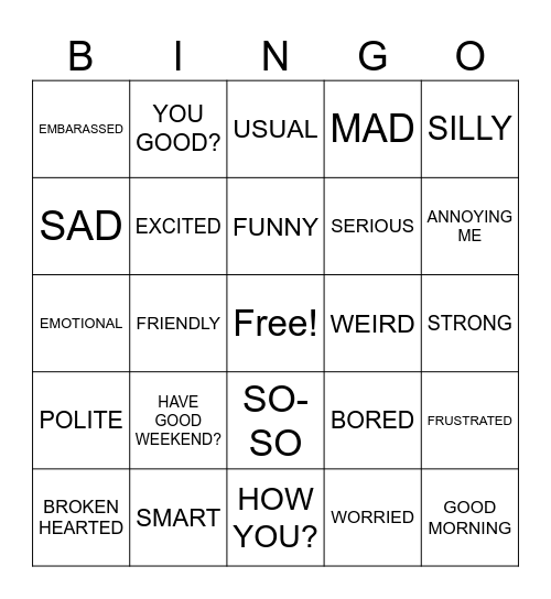 2 Hon Feelings/Greetings Bingo Card