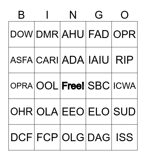 DCF Acronyms Bingo Card