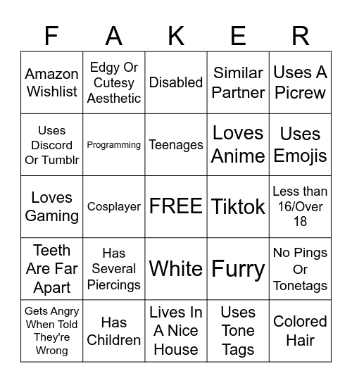 Fake DID/OSDD Bingo Card