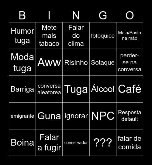 Tuga Bingo Card