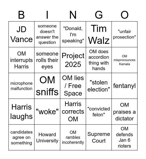 Kamala vs Orange Man Bingo Card