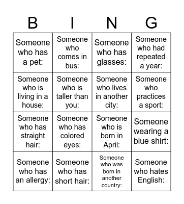 Get to know your classmates Bingo Card