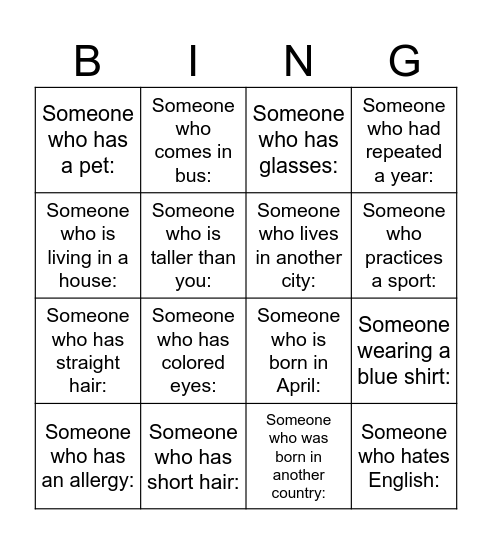 Get to know your classmates Bingo Card