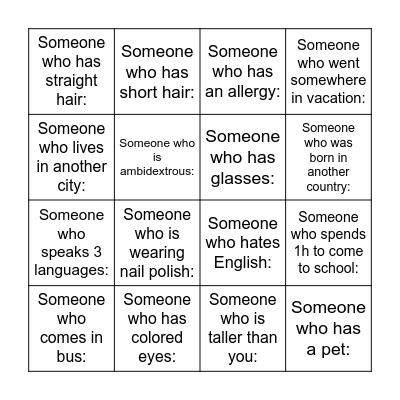 Get to know your classmates Bingo Card