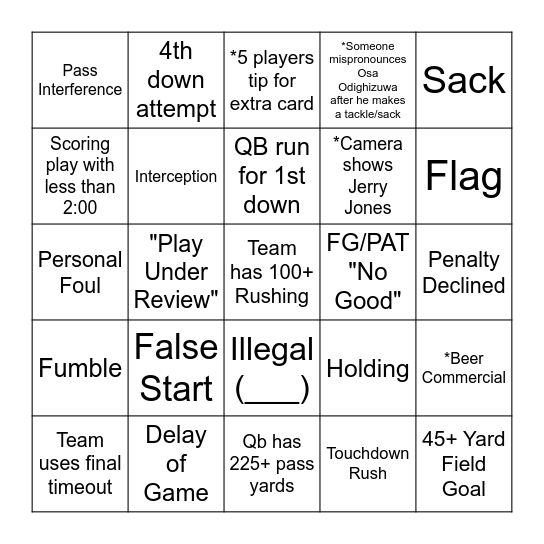 NFL Bingo Card