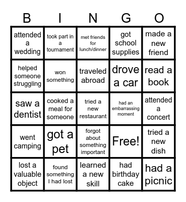 Things I did this summer Bingo Card