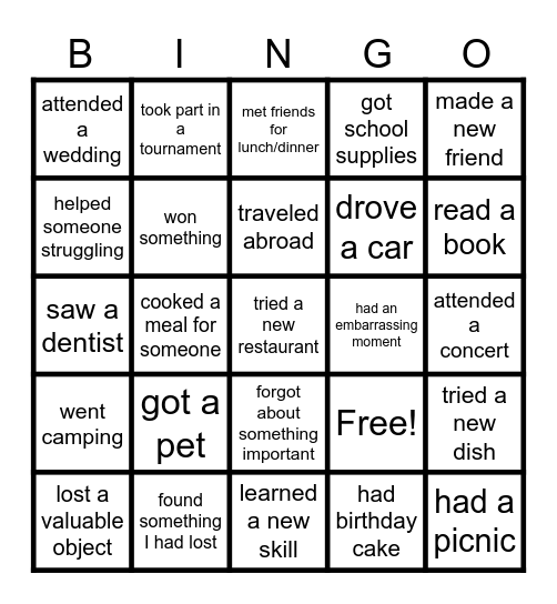 Things I did this summer Bingo Card