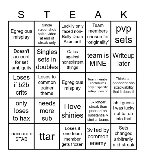 Fake Steak Bingo Card