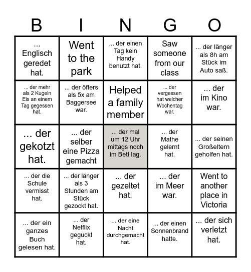 Sommerferien-Bingo 9a Bingo Card