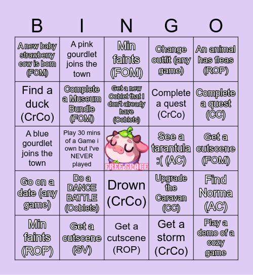 Cozy Game Bingo Card