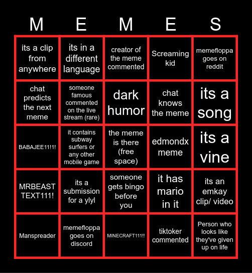 MemeBingopla - fill in the space once seen! Bingo Card