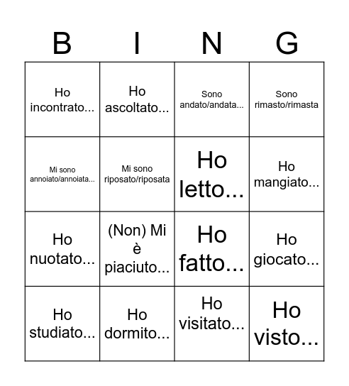 Le vacanze estive: cosa hai fatto? Bingo Card