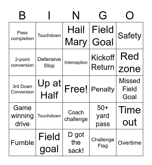 NFL Game Day Bingo Card