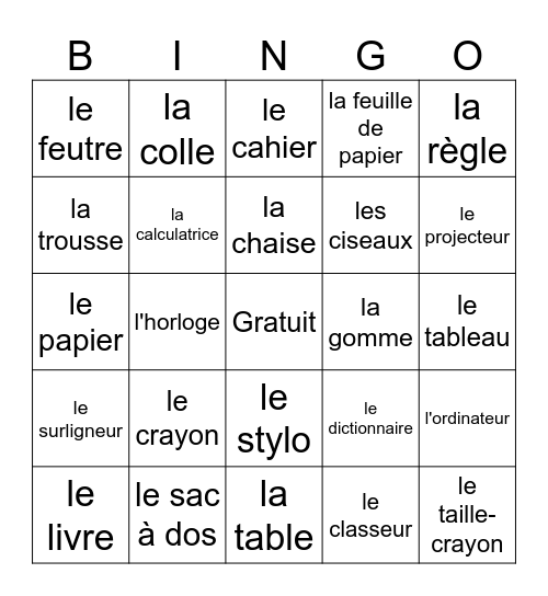 Les fournitures de la classe Bingo Card