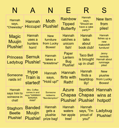 hannahbananaram Bingo SUN-THU Bingo Card