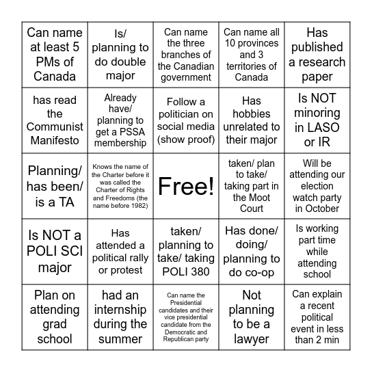 PSSA Welome-back Social BINGO Card