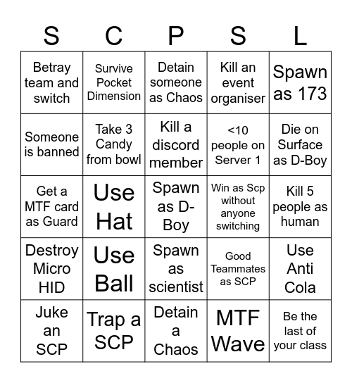 SCP Secret Laboratory Bingo Card