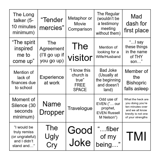 YSA Testimony Meeting Bingo Card