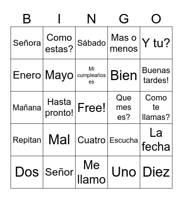 Unidad 0 Spanish Vocabulary Bingo Card
