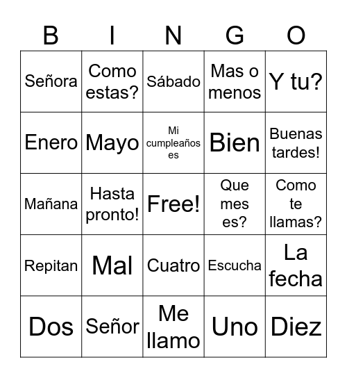 Unidad 0 Spanish Vocabulary Bingo Card