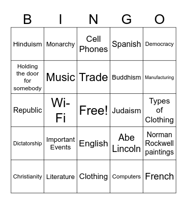 Cultural Elements Bingo Card