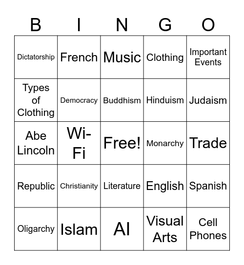 Cultural Elements Bingo Card