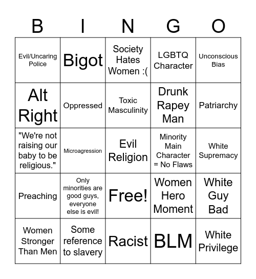 The Front Room Woke Movie Bingo Card