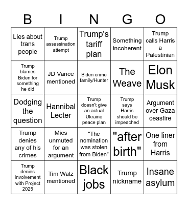Harris/Trump September 10th Debate Bingo Card