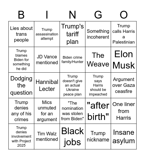 Harris/Trump September 10th Debate Bingo Card