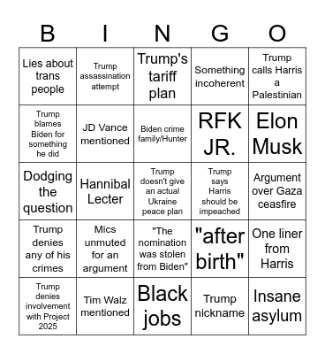 Harris/Trump September 10th Debate Bingo Card