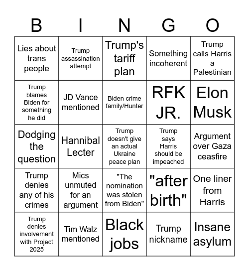 Harris/Trump September 10th Debate Bingo Card