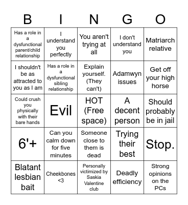 Love and War Character Bingo Card