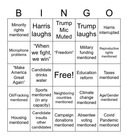 Presidential Debate Bingo Card