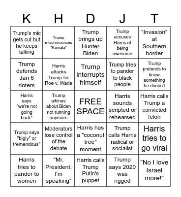 2024 Harris v. Trump Debate key phrases Bingo Card