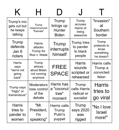 2024 Harris v. Trump Debate key phrases Bingo Card