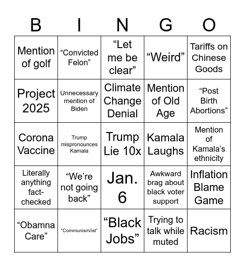 Presidential Debate Bingo Card