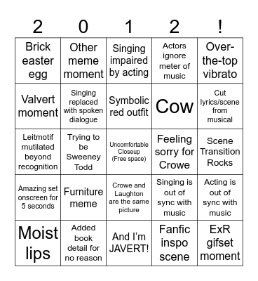 Les Misérables 2012 Bingo Card