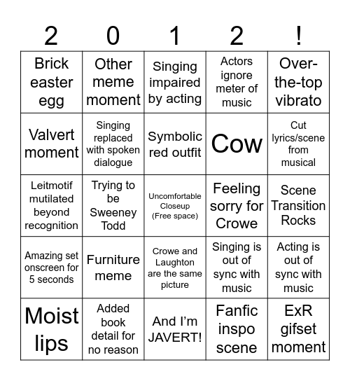 Les Misérables 2012 Bingo Card