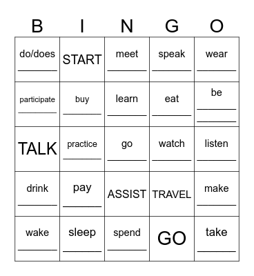 Past Tense Verbs Bingo Card