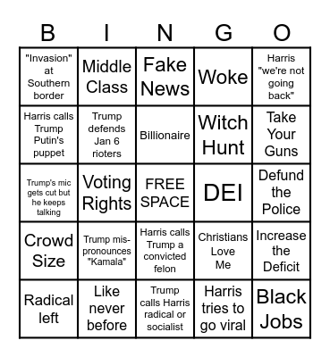 2024 Harris v. Trump Debate Bingo Card