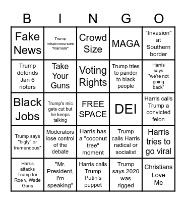 2024 Harris v. Trump Debate Bingo Card