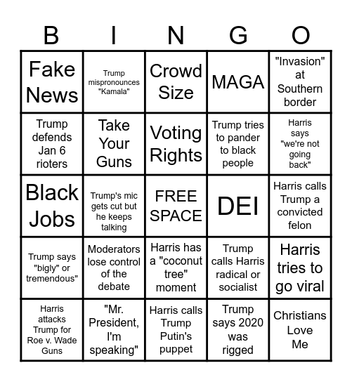 2024 Harris v. Trump Debate Bingo Card