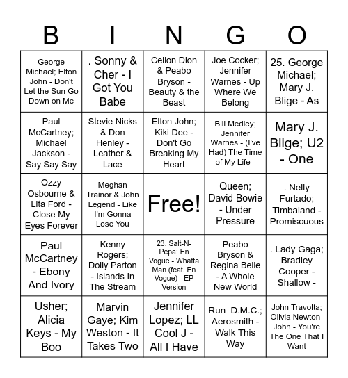 Duets Bingo Card