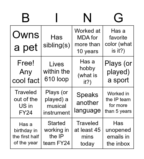 IP Team Bingo Card