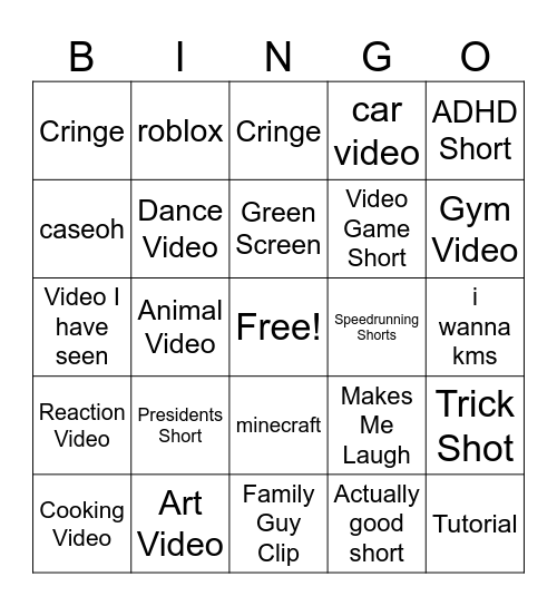 YT Shorts Bingo Card