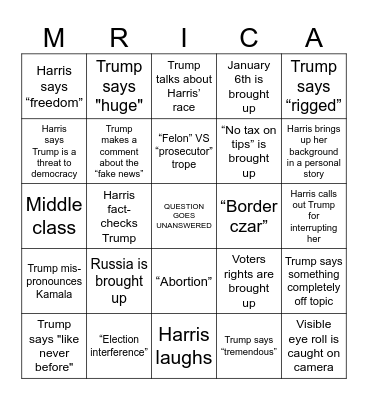 Harris-Trump Debate Bingo Card
