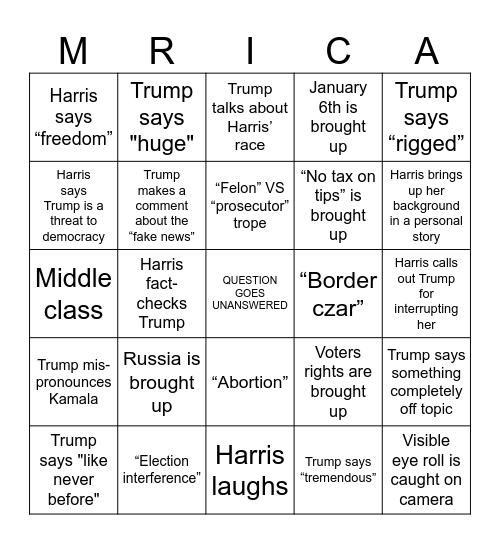 Harris-Trump Debate Bingo Card