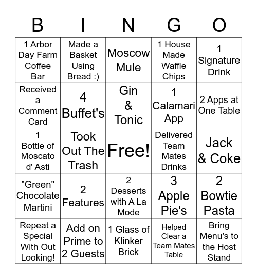 Timber Dining Room Bingo Card