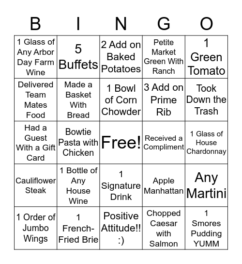 Timber Dining Room Bingo Card